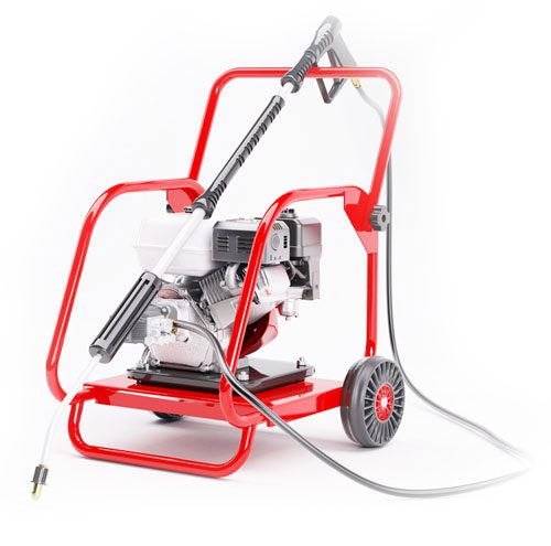 High-pressure car washing machine with red frame and wheels, designed for professional car detailing services at Evoke Auto Spa.